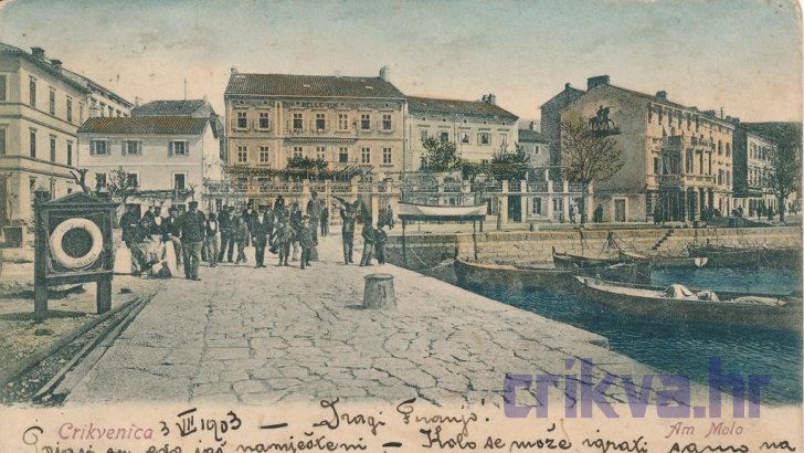 Razglednica Crikvenice s motivom luke poslana Franji Kucelu u Đurđevac 3. srpnja 1903. (izvor MGC)